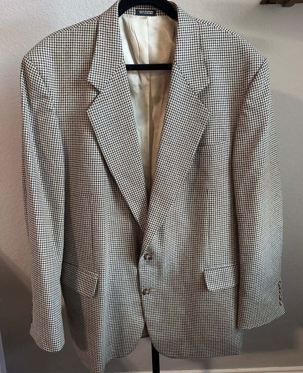 Vintage 90s Oscar de la Renta Houndstooth Wool Sport Coat Blazer Mens Academic